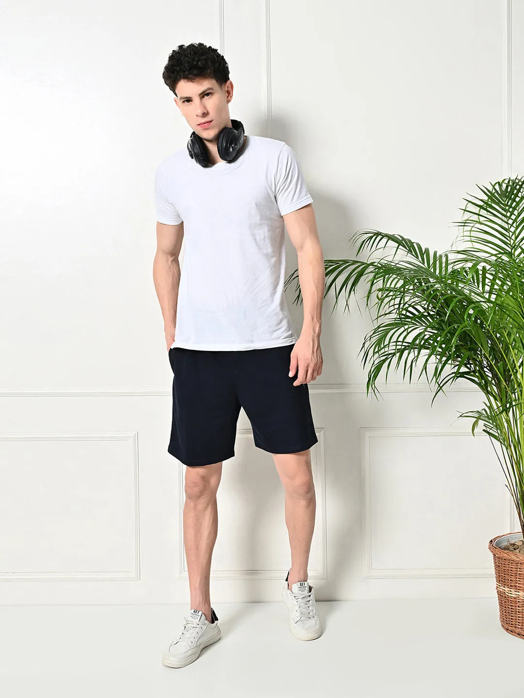 Flexible Waist Layered Panel Design Easy Multi-Pocket Cotton Shorts ?C Navy Blue