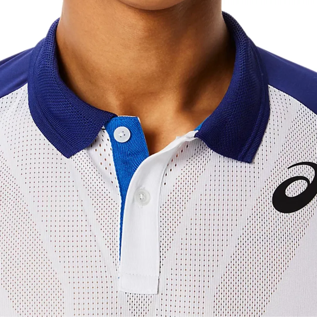 Ribbed Cuff Design Asics Match ActiBreeze Men's Polo Shirt - Brilliant White/Dive Blue