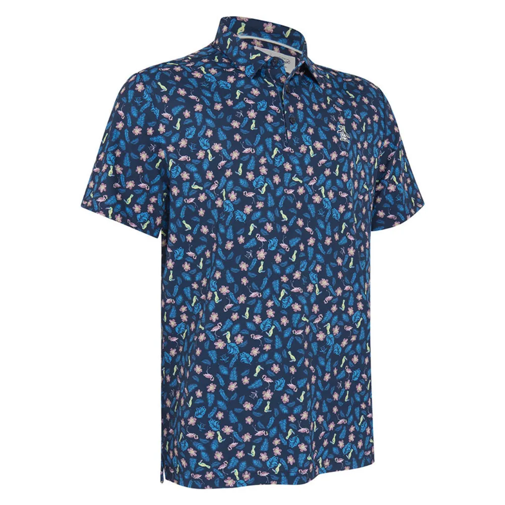 Original Penguin Mens Whimsical Tropical Print Golf Polo Shirt - BLACK IRIS Mesh Lined Back Trendy Design