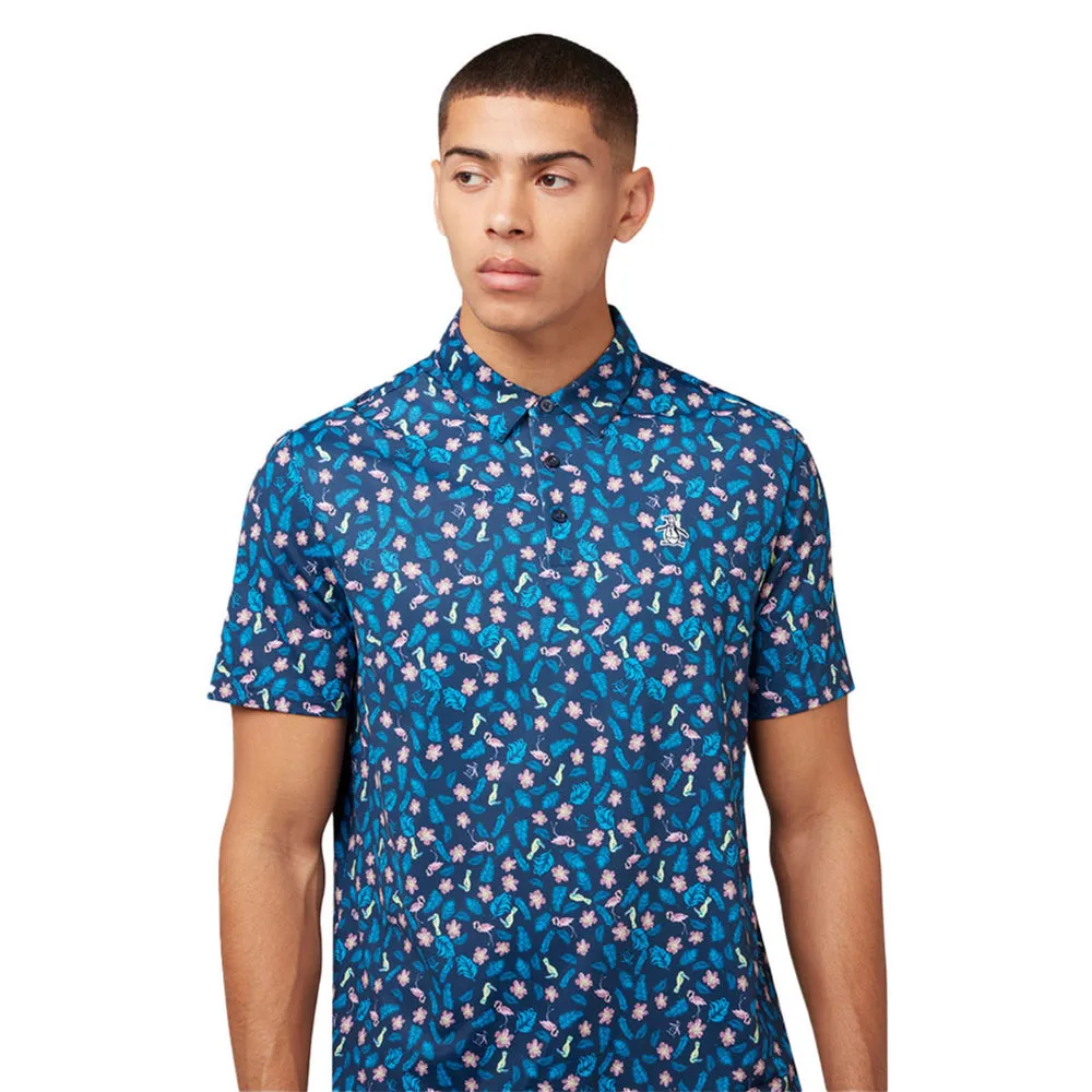 Original Penguin Mens Whimsical Tropical Print Golf Polo Shirt - BLACK IRIS Travel Staple