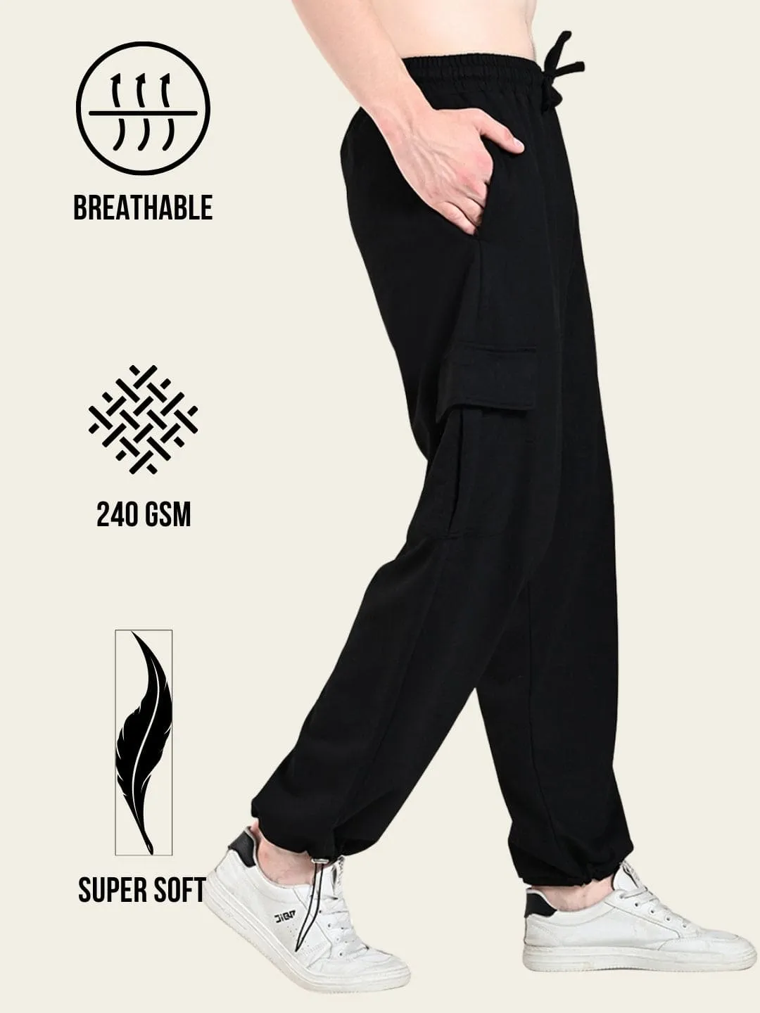 Flexible Motion Lightweight Weave All-Weather Cargo Jogger with Pockets - Black