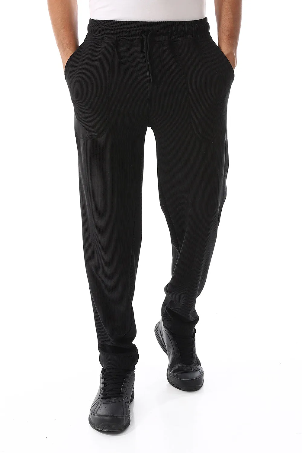 Ribbed Comfy Elastic Black Joggers Easy Stretch Fit Roomy Fit