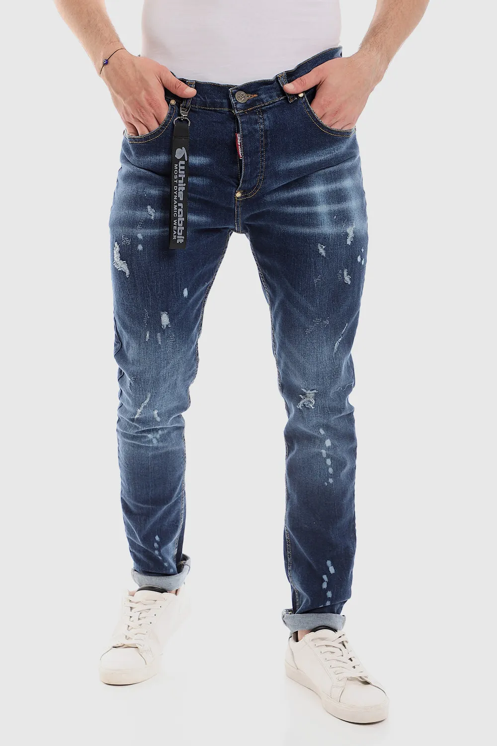 White Rabbit Ripped Belt Loops Slim Fit Jeans - Blue Style Simplicity Refined Detail