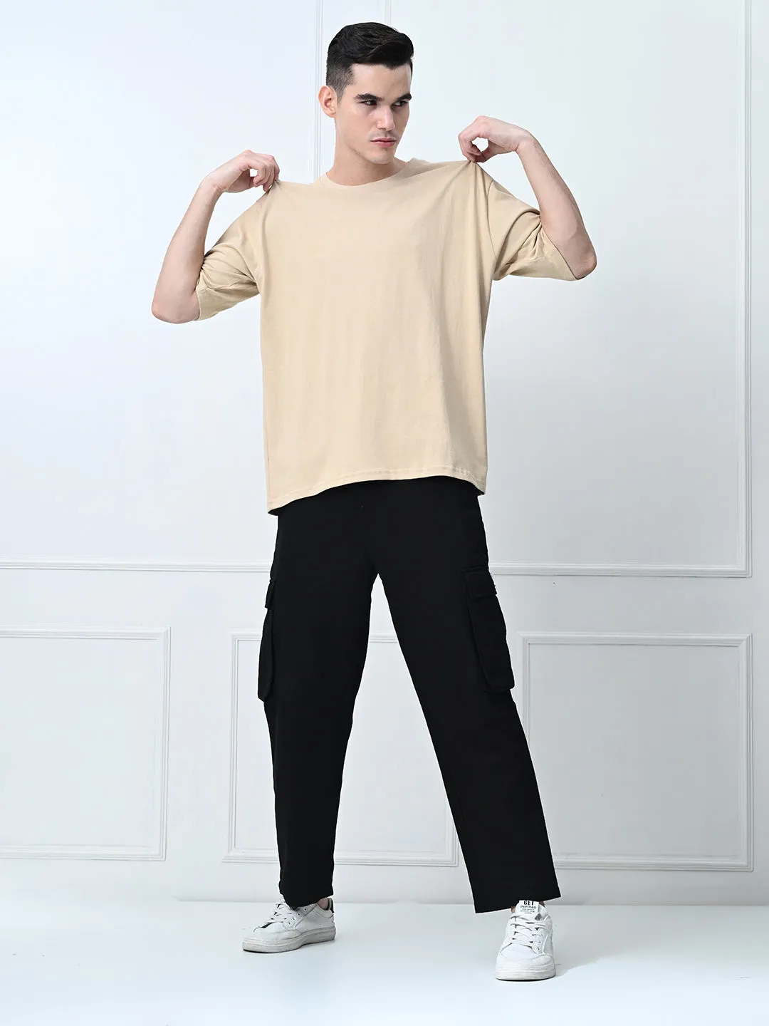 color blocking Travel Friendly Relaxed Oversized 100% Cotton Solid Tee ?C Beige