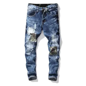 West Louis? Ripped Snow Wash Elastic Trousers Straight Jeans Lightweight Morning Stroll Durable Timeless Wear