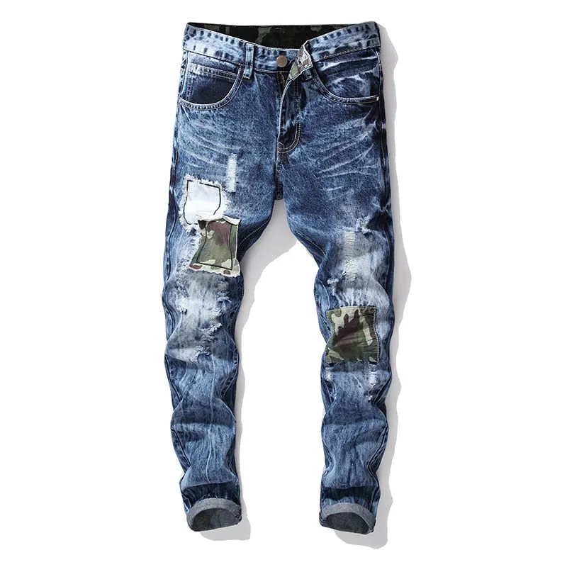 West Louis? Ripped Snow Wash Elastic Trousers Straight Jeans Everyday Comfort