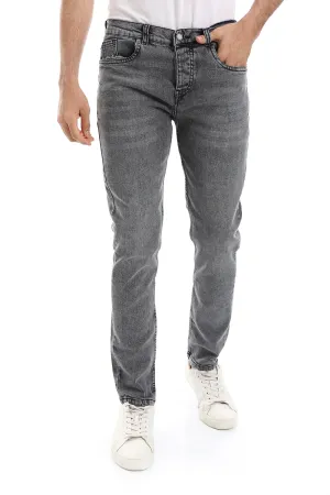 Straight Fit Solid Pattern Buttons Closure Denim Jeans - Heather Grey Night Out Rainy Day
