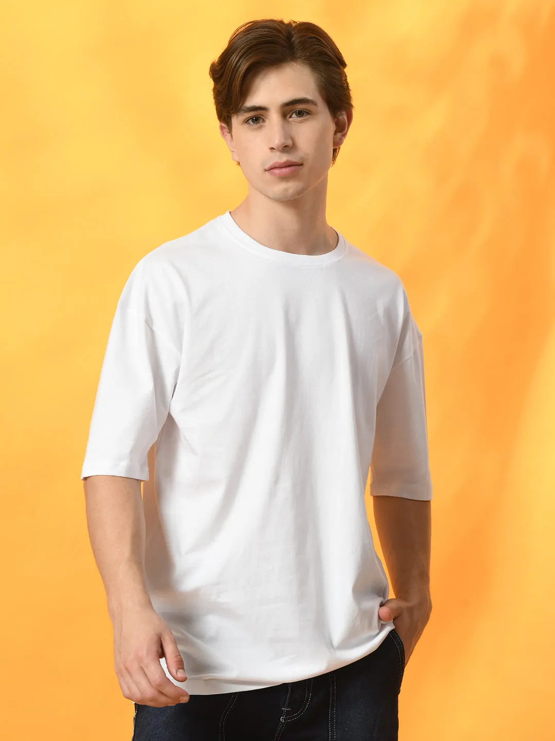 Modern Trend Look Layered Neckline Relaxed Oversized 100% Cotton Solid Tee ?C White