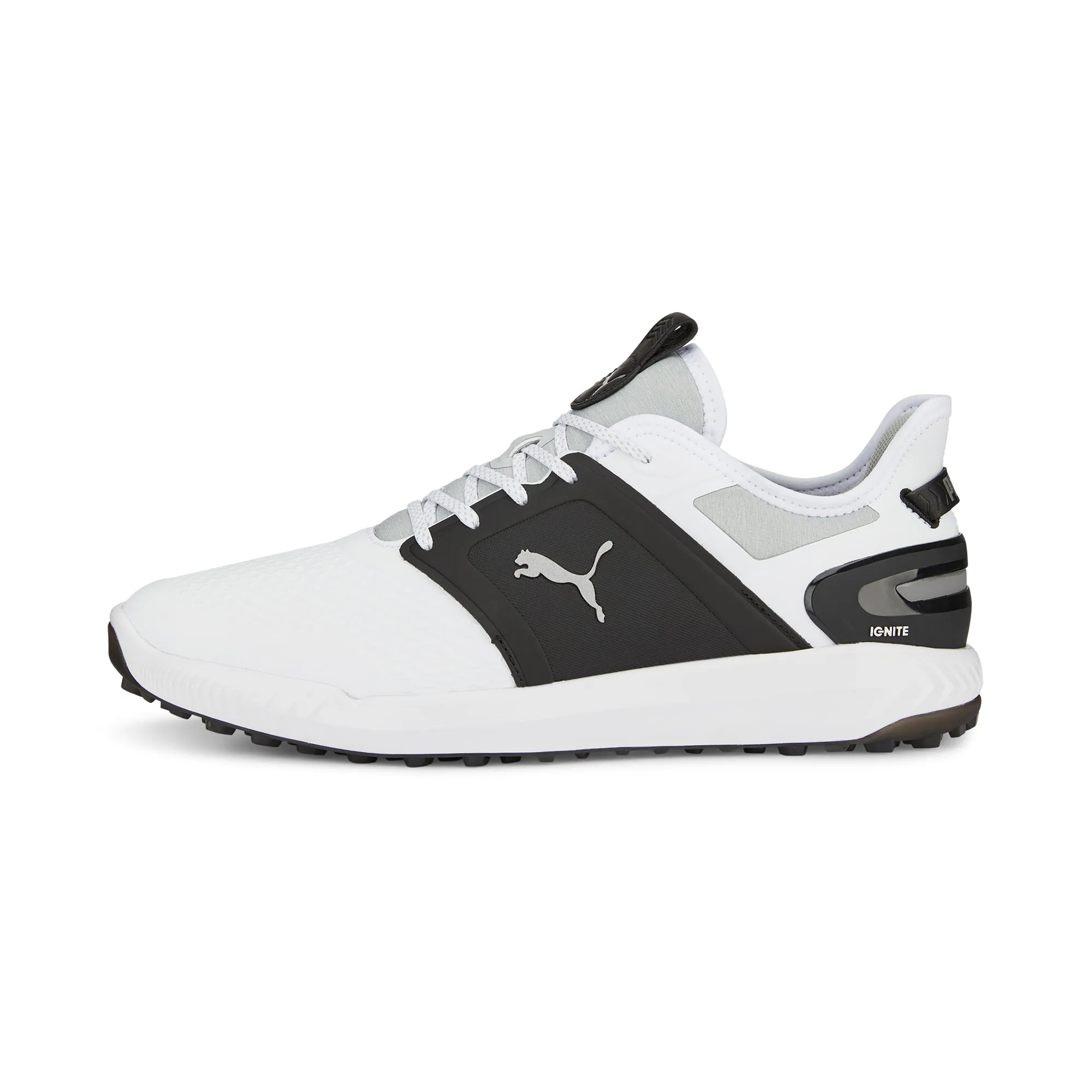 Ground Fit Elastic Material IGNITE ELEVATE Spikeless Golf Shoes | Puma White / Puma Black / Metallic Silver