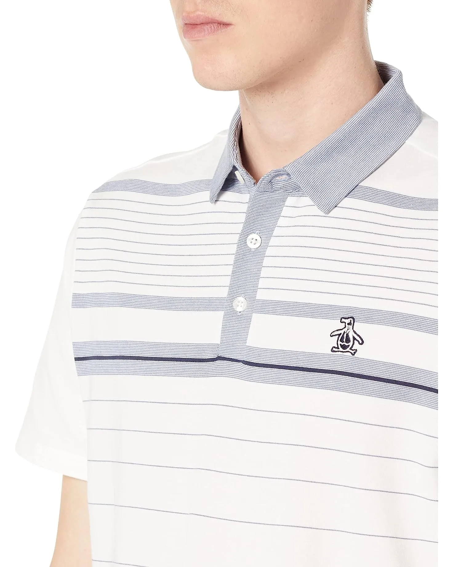 Original Penguin Mens Heritage Fine Line Stretch Golf Polo Shirt - BRIGHT WHITE Stretch Comfort UVBlocking Fabric Tech