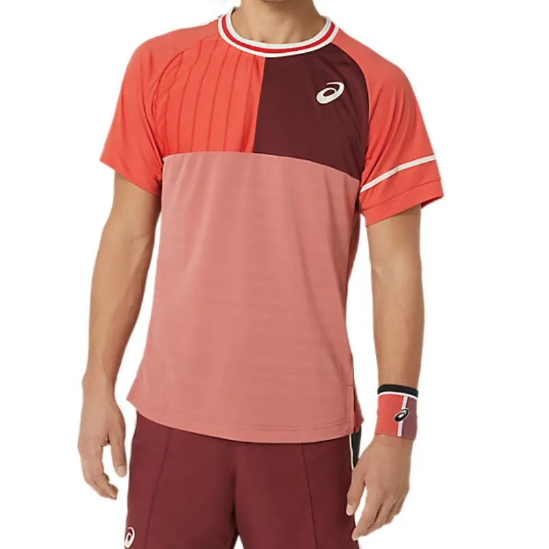 Asics Match Short Sleeve Mens Tennis Top - Red Snapper Relaxing Fit Micro Perforated Fabric