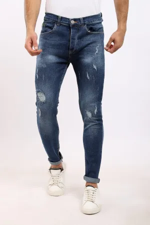 Buttoned Jeans With Front Ripped - Standard Blue Permanent Crease Retention Functional Wear