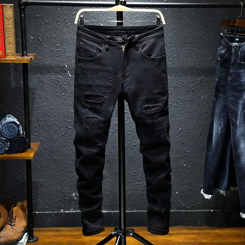West Louis? Black Patchwork Stretch Hip Hop Denim Jean Pants Eco Certified Textile Standards Trend Setter Chill Outfit Student Outfit