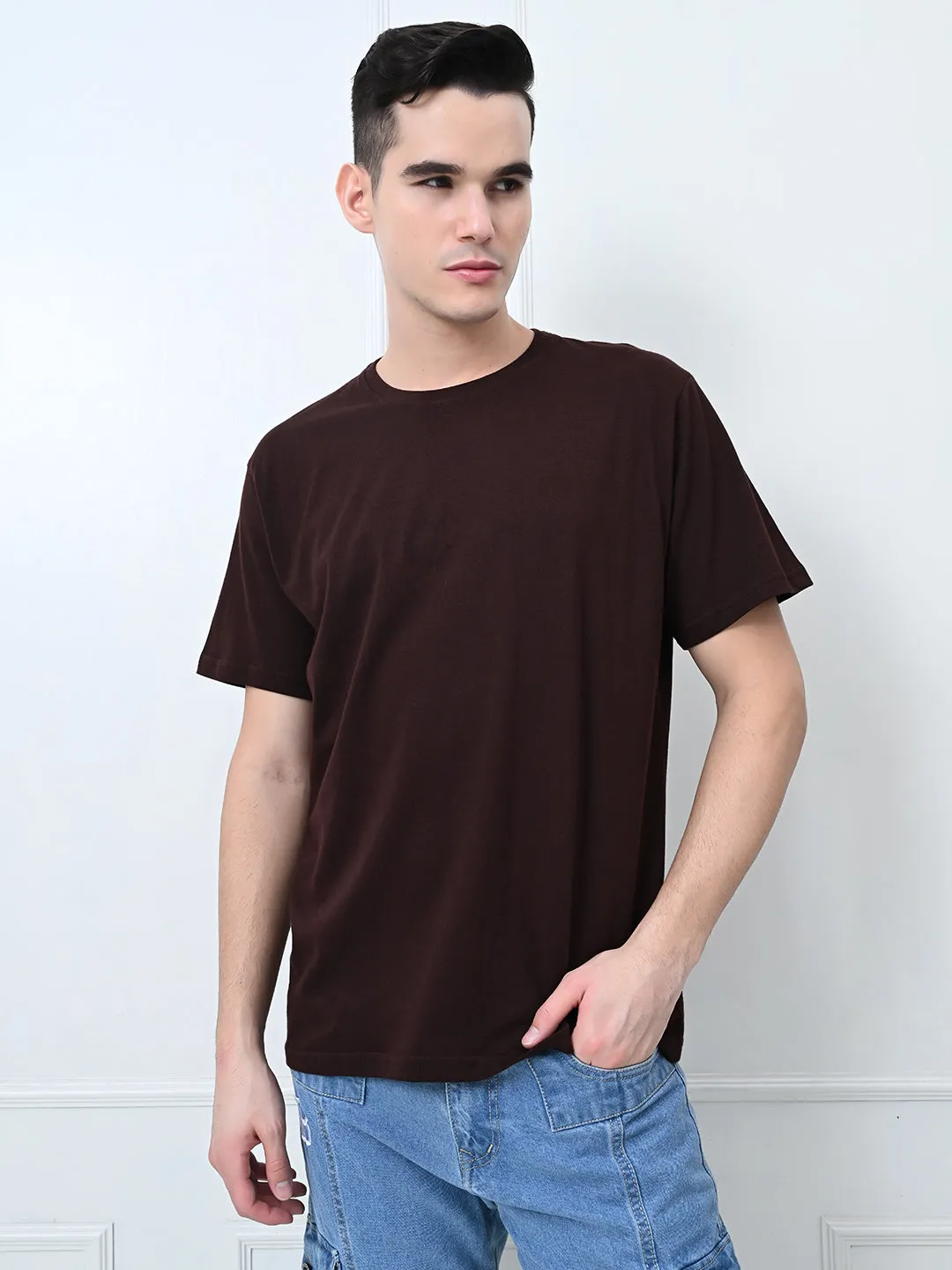 Ultra Soft Finish Comfy 100% Cotton Solid Regular Fit Tee - Coffee