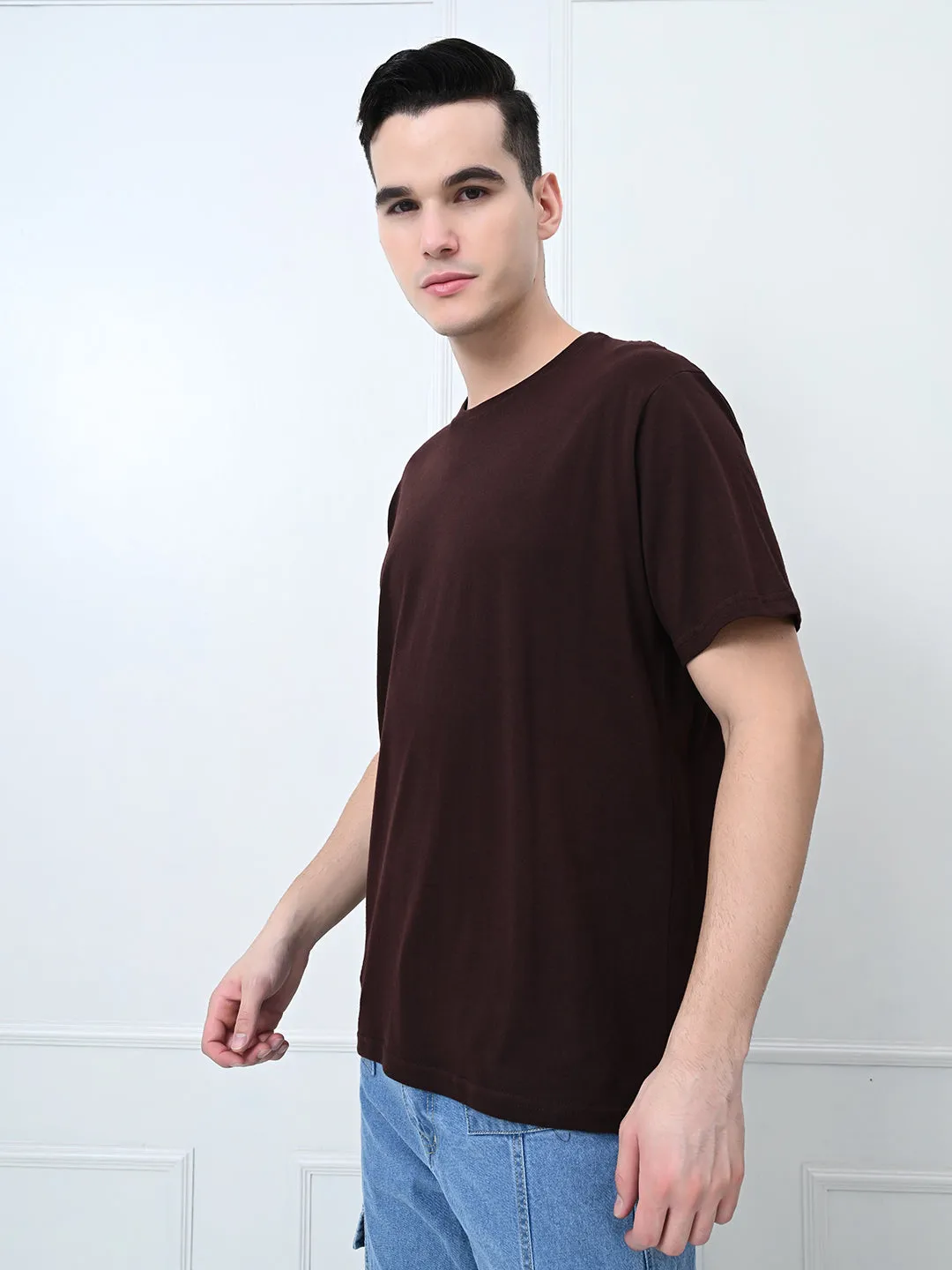 Comfy 100% Cotton Solid Regular Fit Tee - Coffee Prom