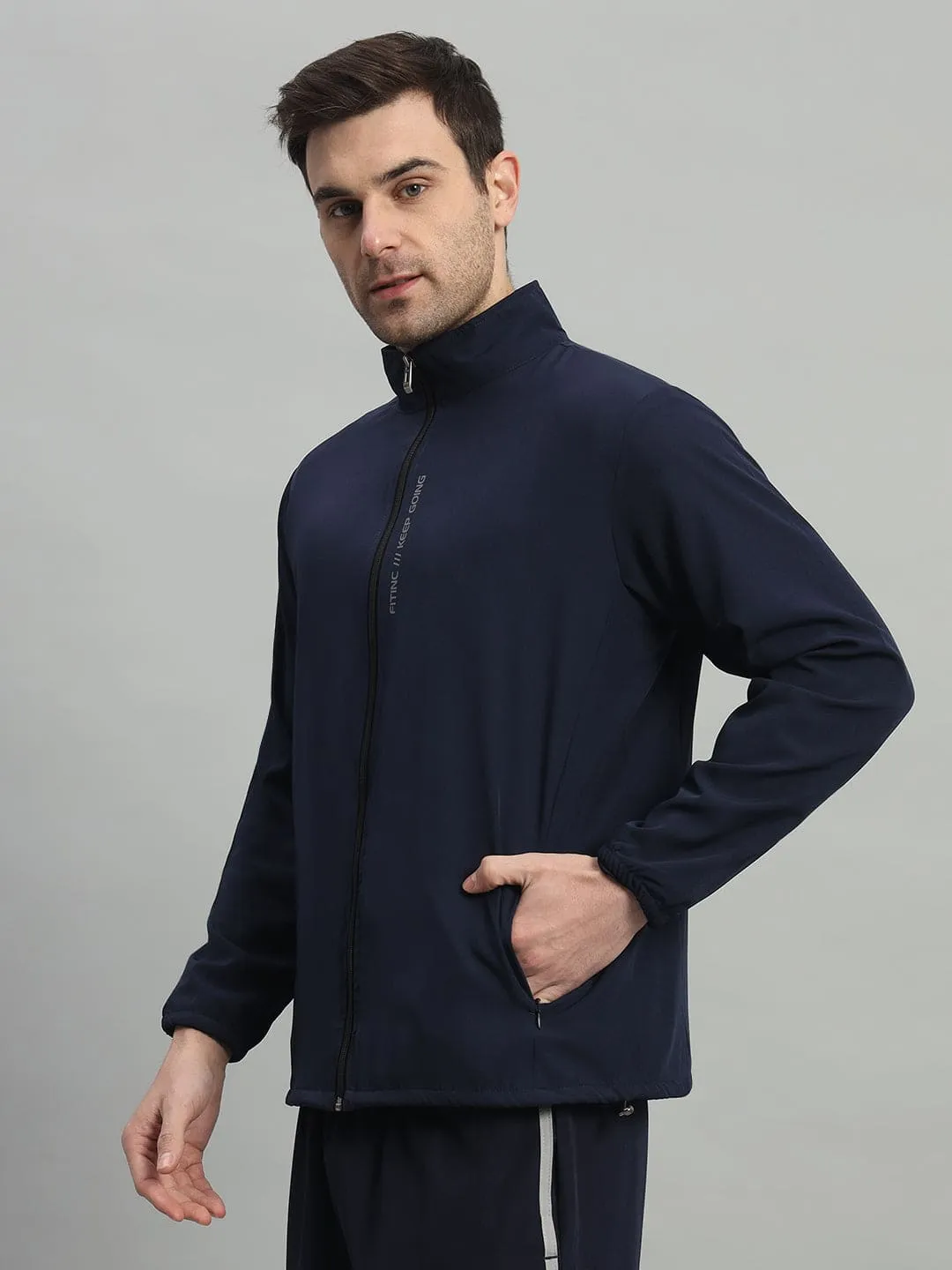 Sports Jacket with Concealed Zippers - Navy Blue Daywear Style